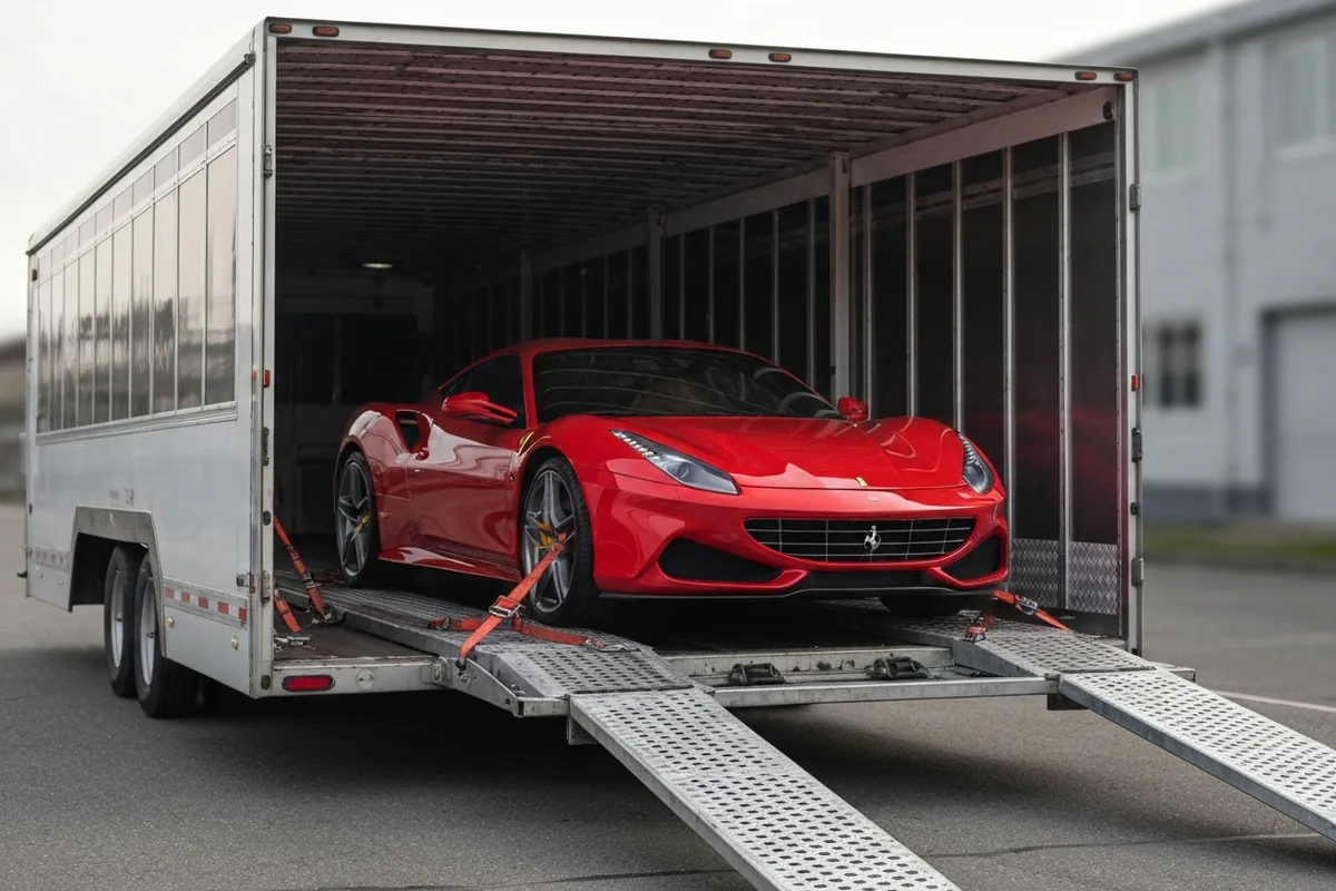 Transport voiture de luxe sur plateau fermé